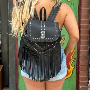Montana West Black Fringe Studded Backpack with Turquoise Vegan Leather NWT